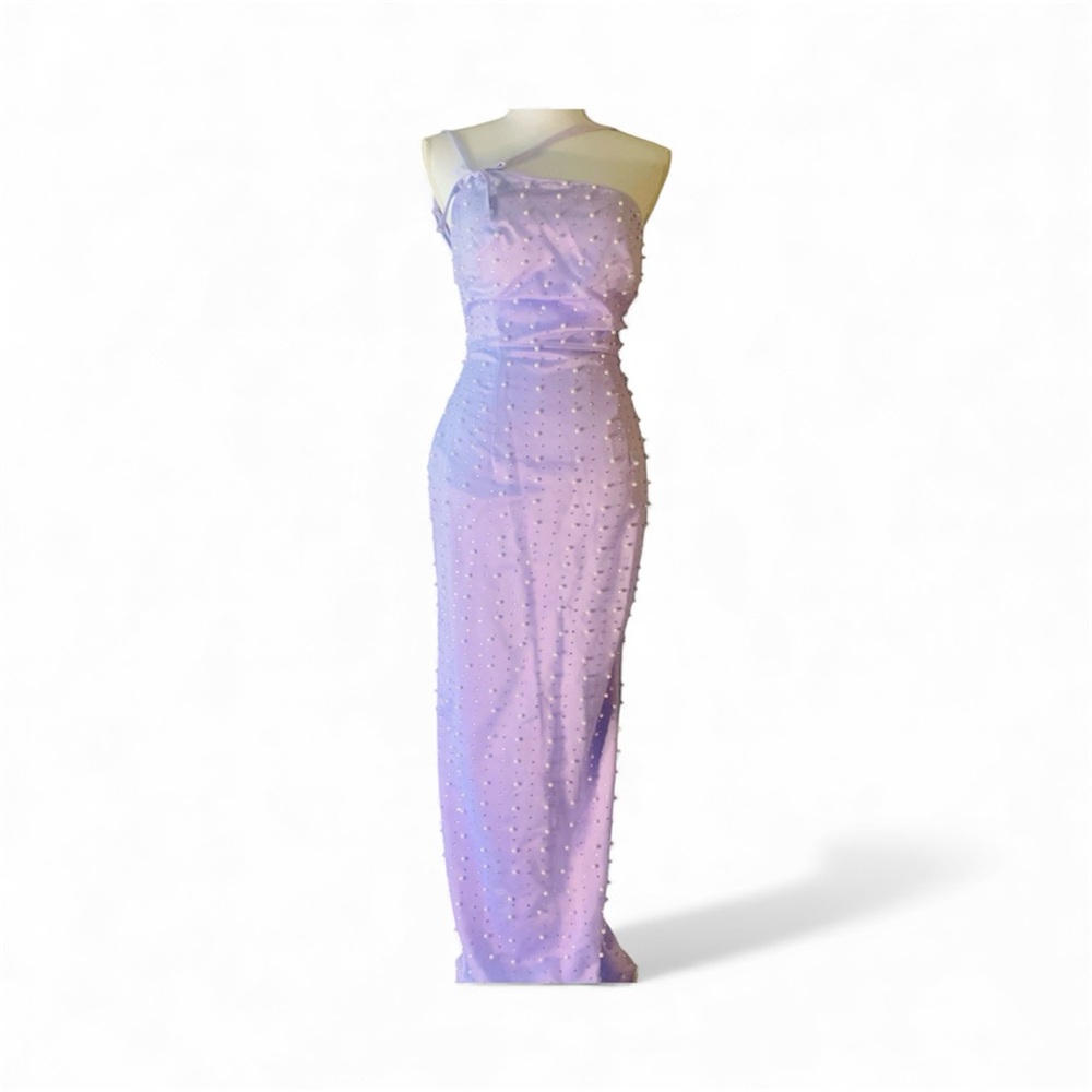 Violet size5/6 Strappy One Shoulder Pearl Rhinestone Embellished Gown Lilac NWT - Picture 4 of 12
